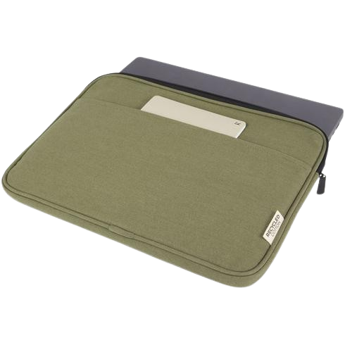A kaki green sleeve with front pocket made from recycled cotton, that is compactible with 15 and 16 inch Footes. 