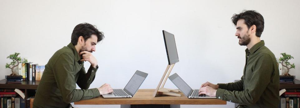 Side by Side comparison of posture of a man using a laptop and a man using Foote with a laptop.